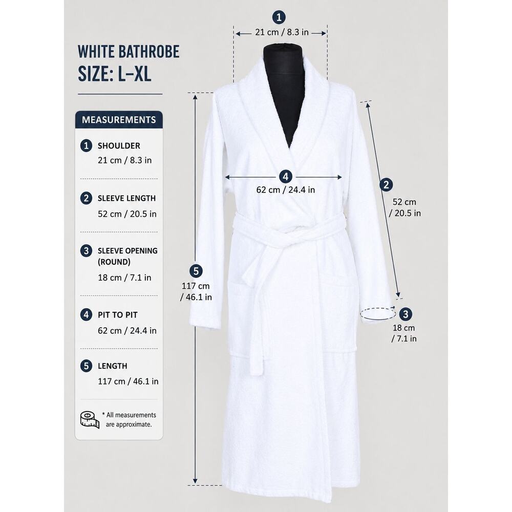 White Bathrobe 100% Cotton L-XL Turkish Towel Robe Soft Spa Hotel Quality Unisex - Picture 6 of 7